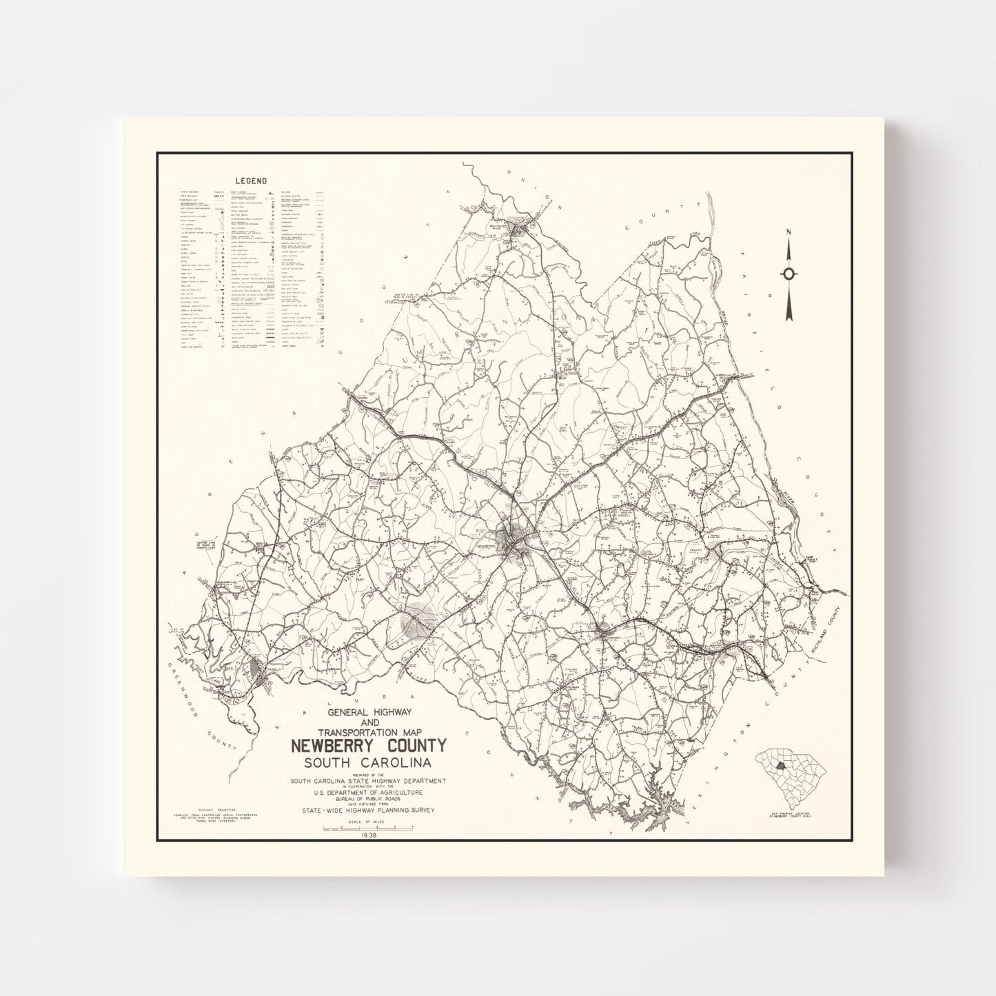 Vintage Map of Newberry County, South Carolina 1938