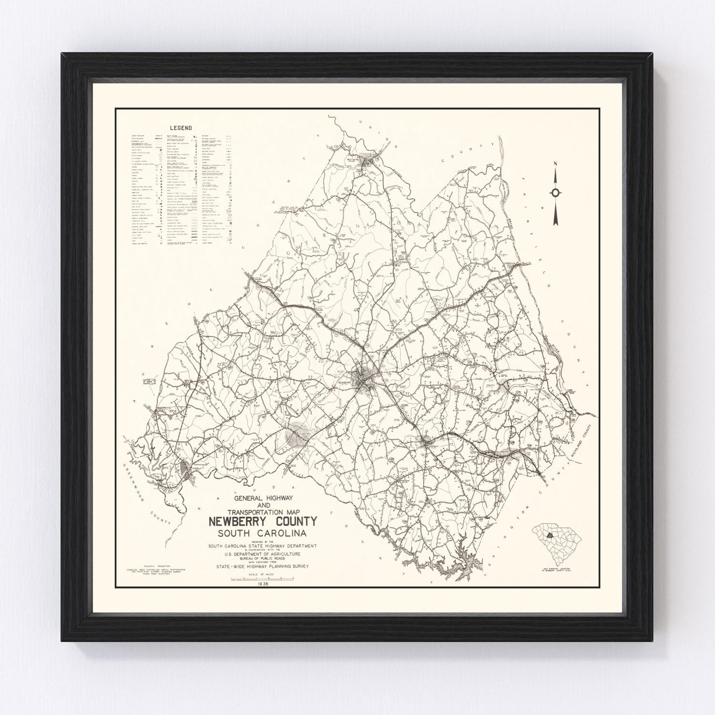Vintage Map of Newberry County, South Carolina 1938