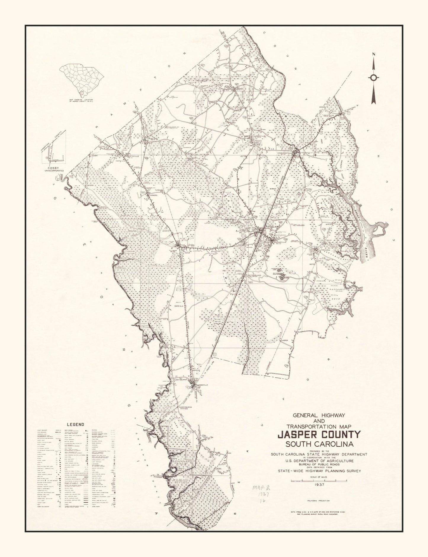 Vintage Map of Jasper County, South Carolina 1938