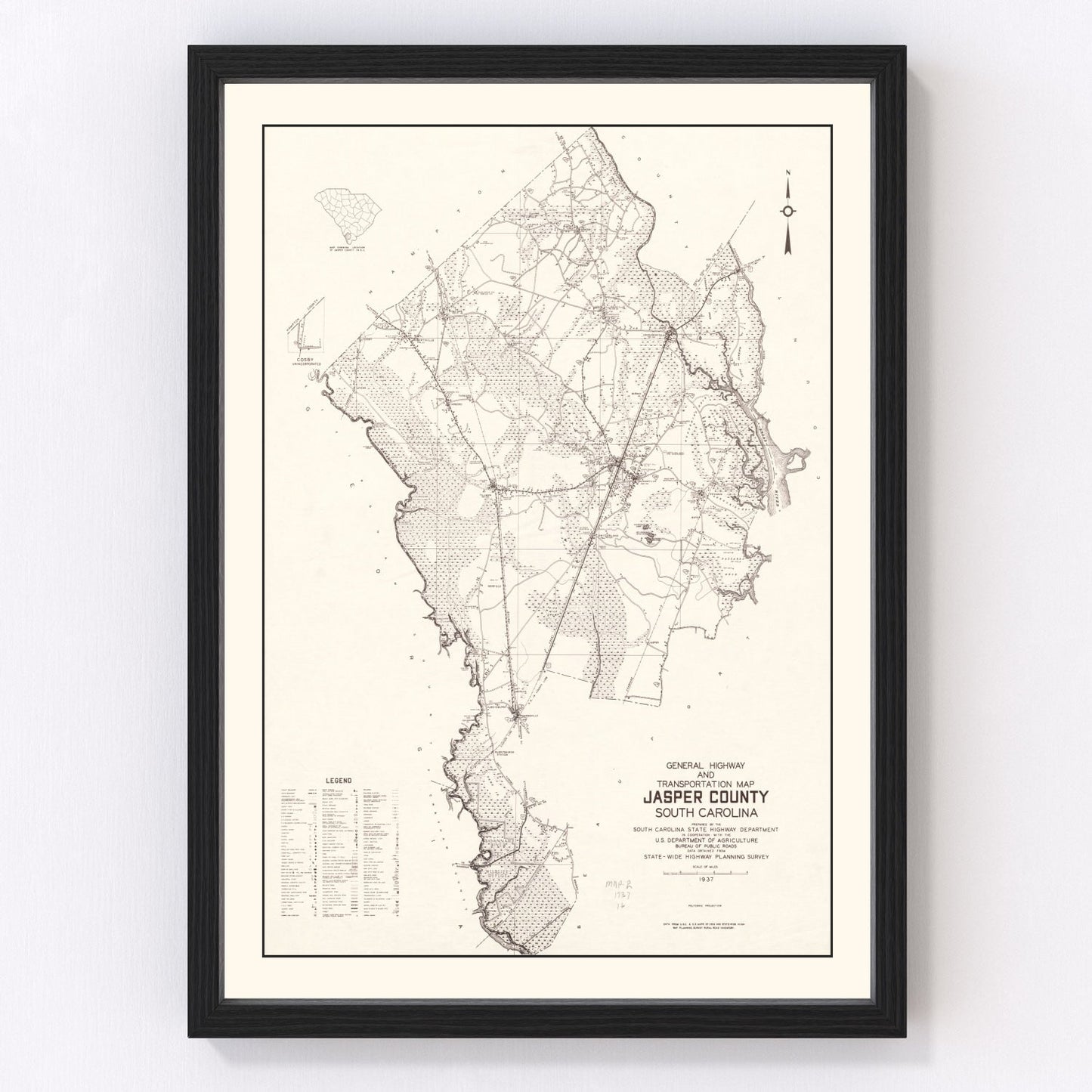 Vintage Map of Jasper County, South Carolina 1938