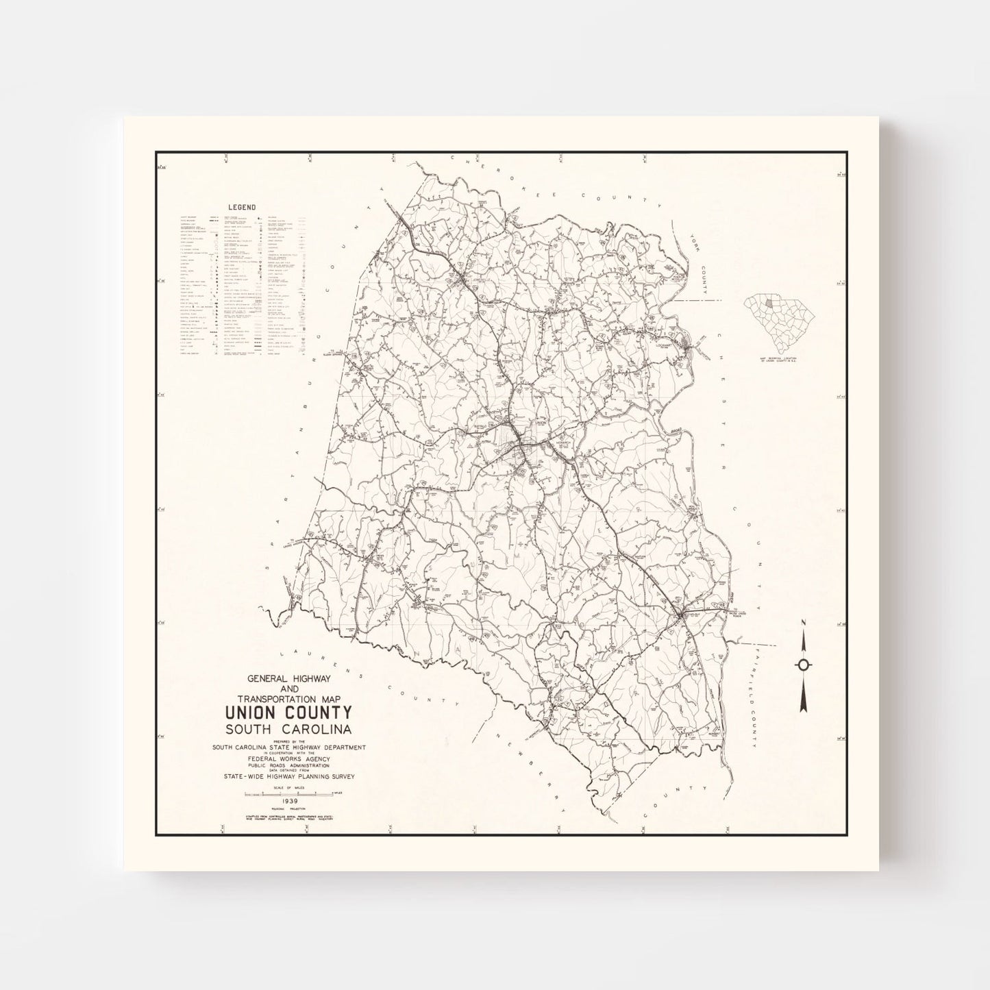 Vintage Map of Union County, South Carolina 1939
