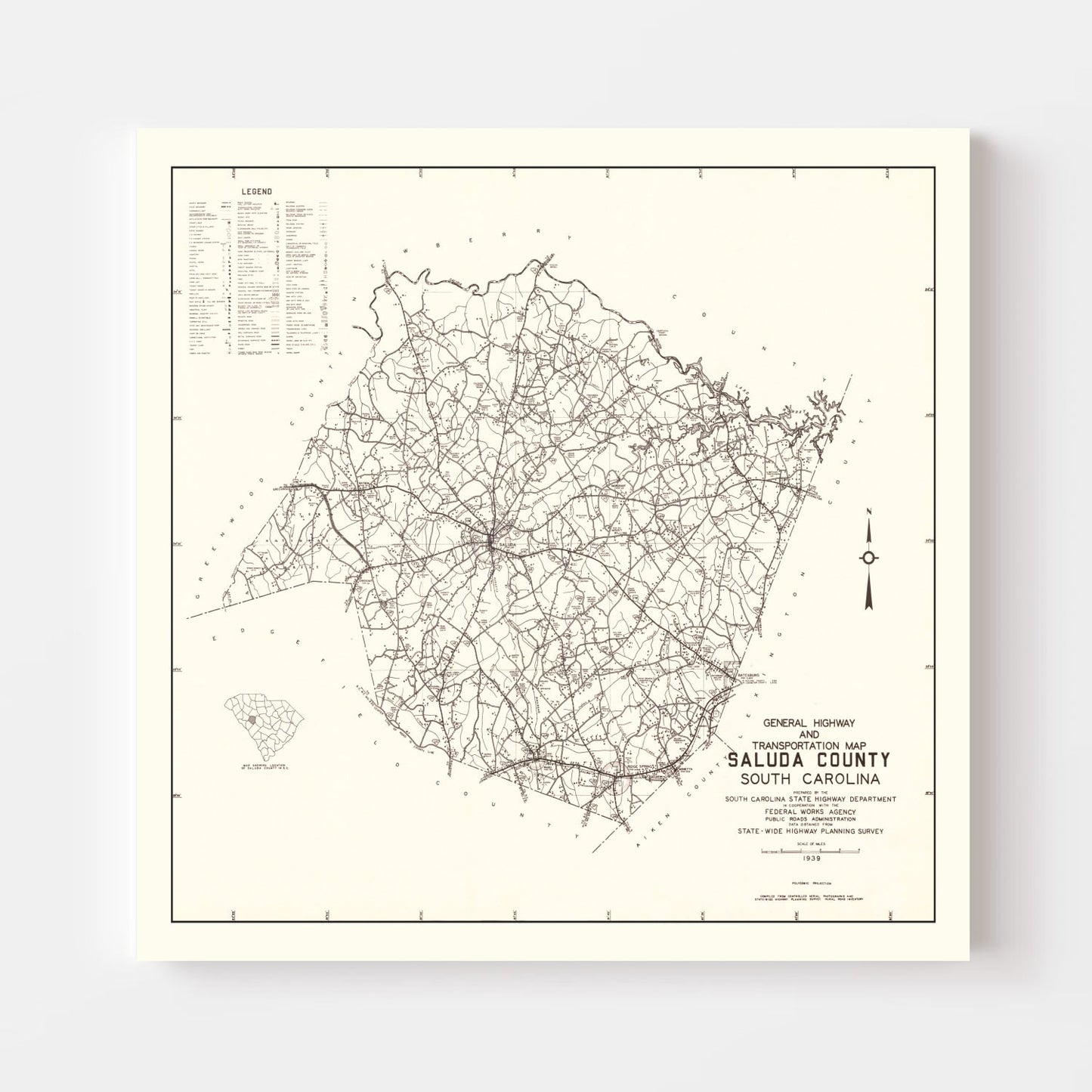 Vintage Map of Saluda County, South Carolina 1939