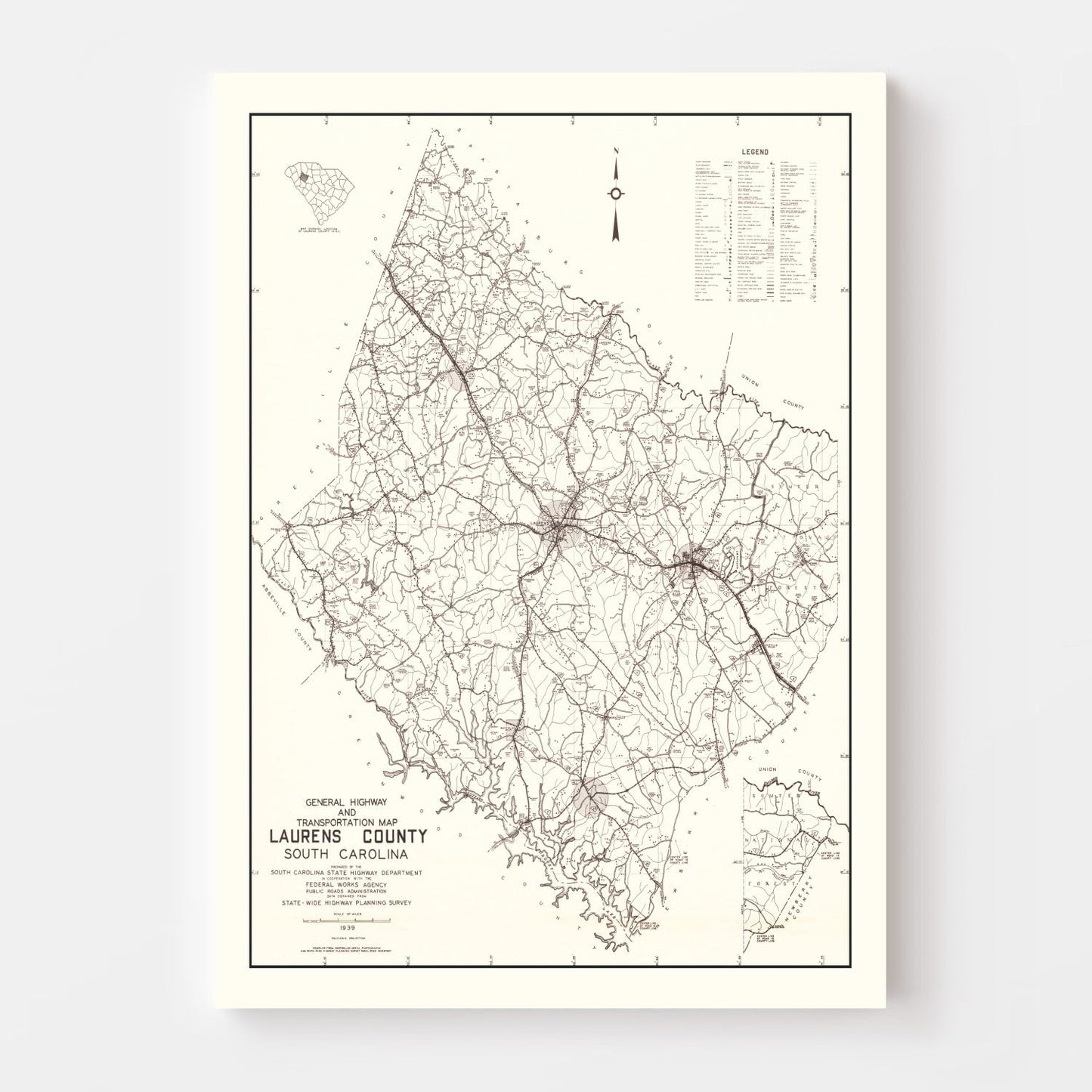 Vintage Map of Laurens County, South Carolina 1939