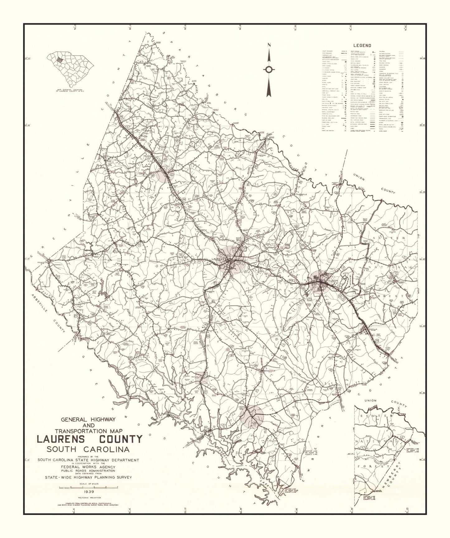 Vintage Map of Laurens County, South Carolina 1939