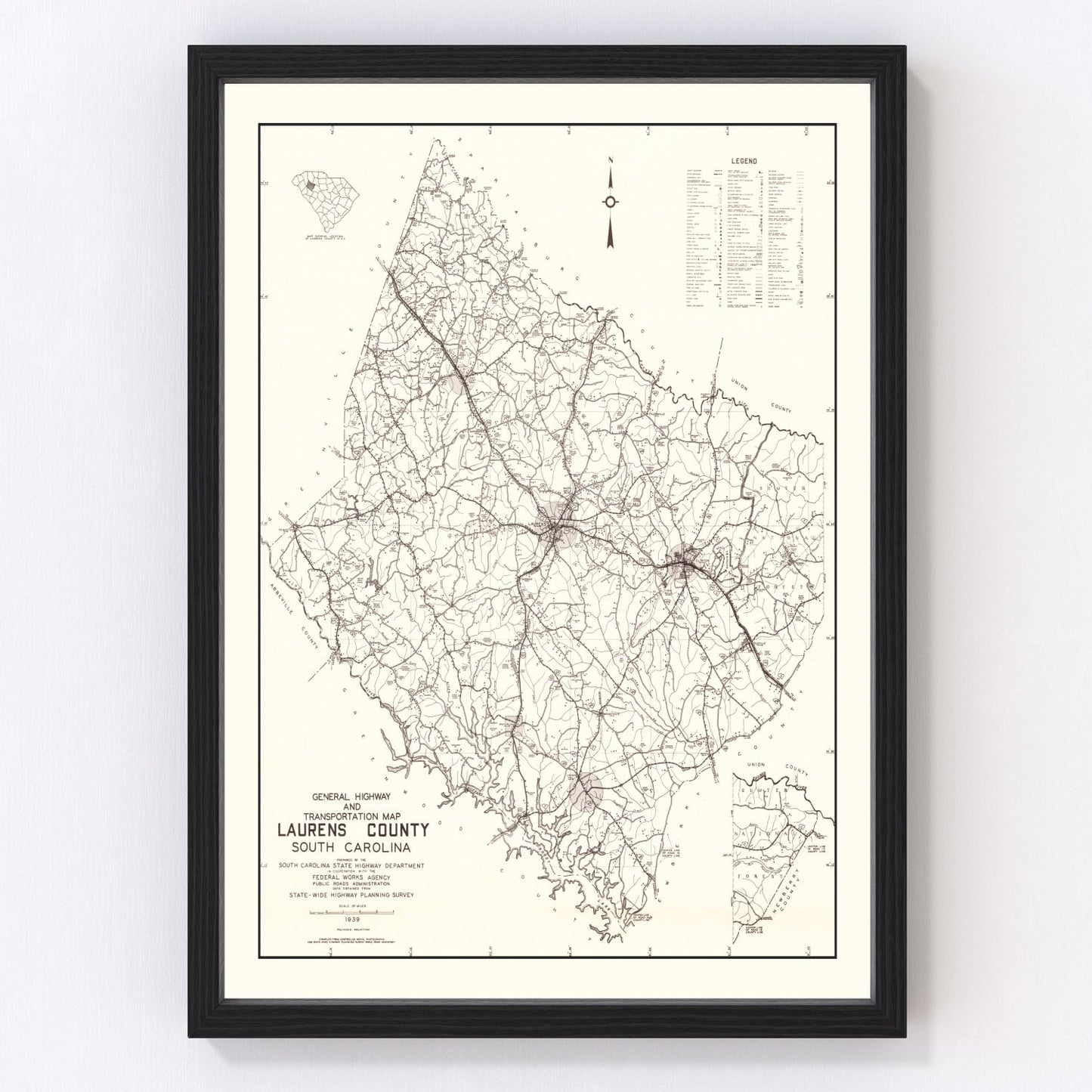 Vintage Map of Laurens County, South Carolina 1939