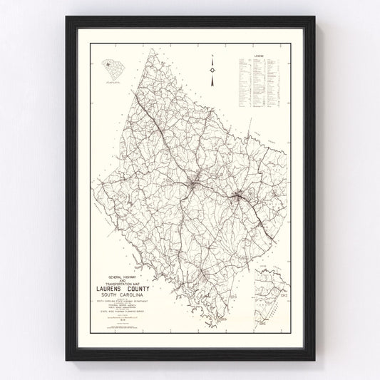 Vintage Map of Laurens County, South Carolina 1939
