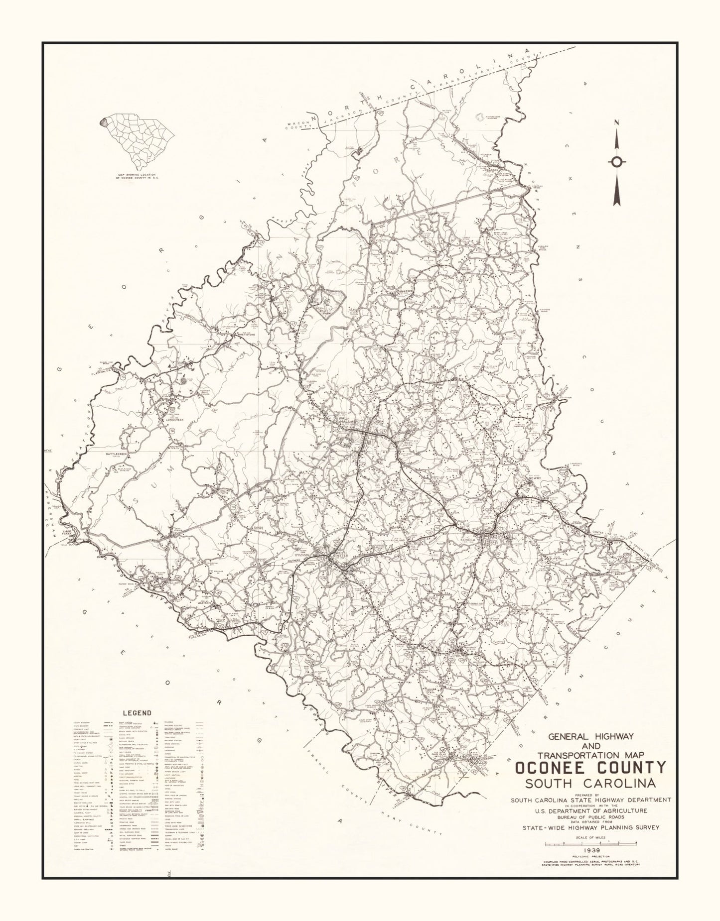 Vintage Map of Oconee County, South Carolina 1939