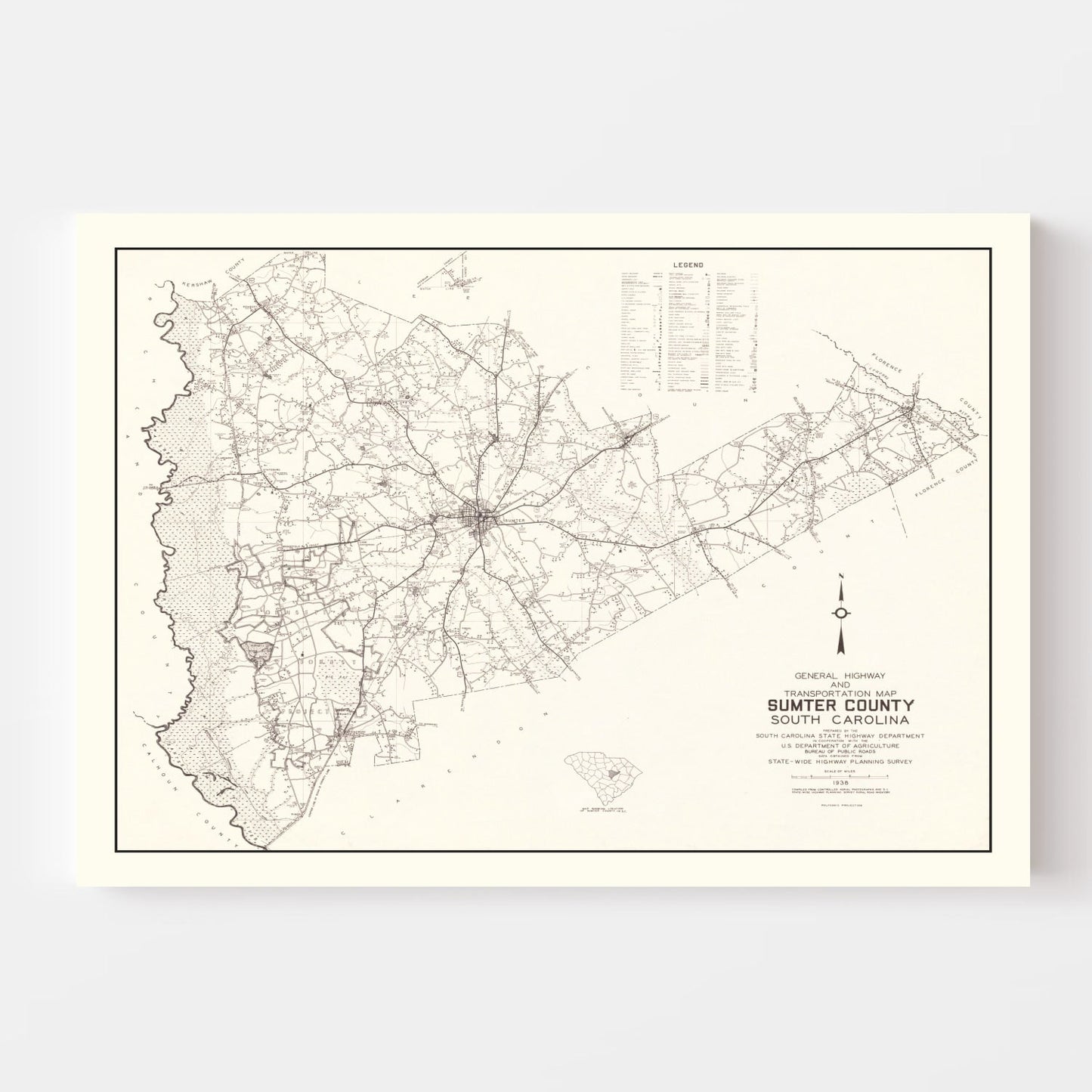 Vintage Map of Sumter County, South Carolina 1939
