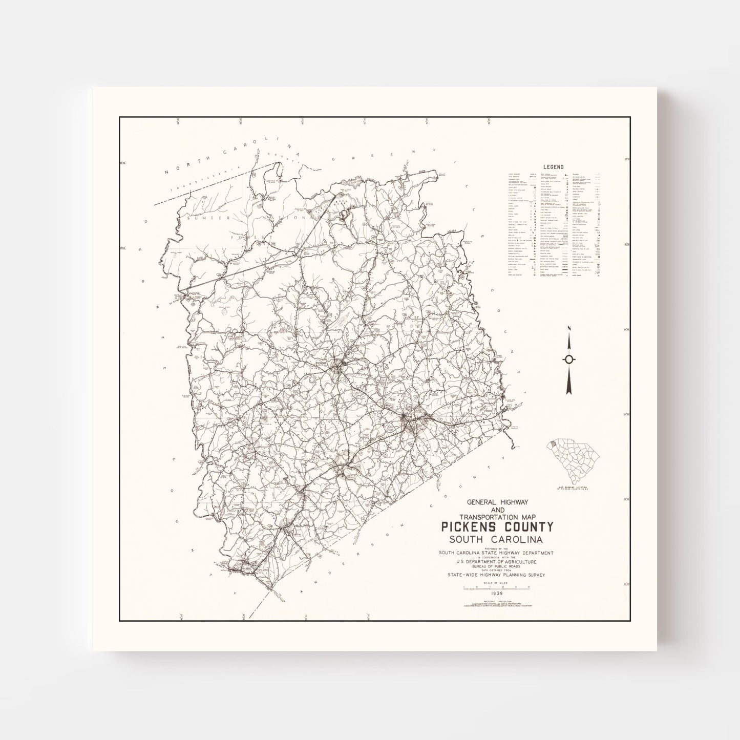 Vintage Map of Pickens County, South Carolina 1939