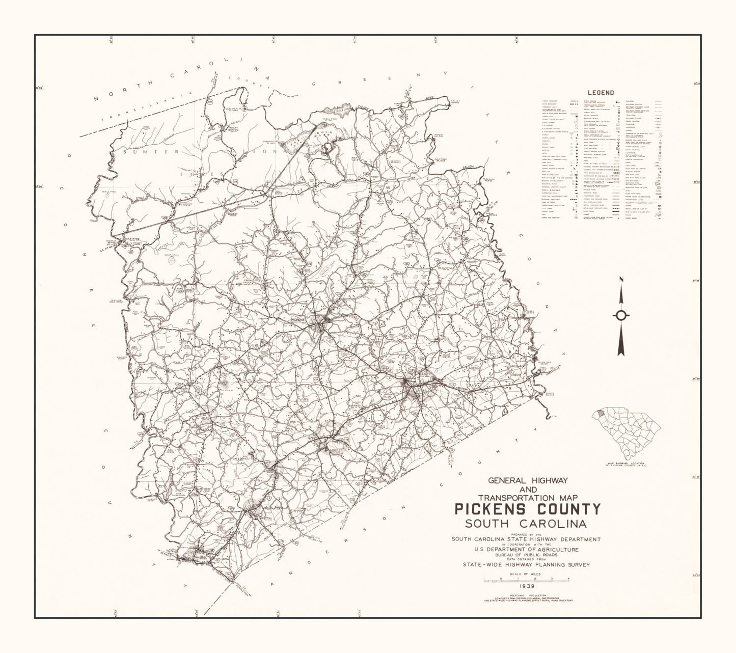 Vintage Map of Pickens County, South Carolina 1939