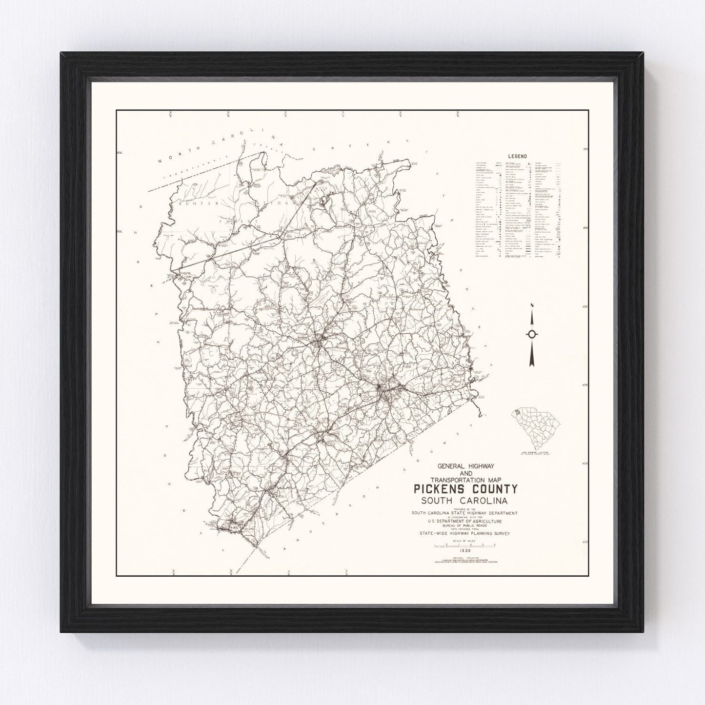 Vintage Map of Pickens County, South Carolina 1939