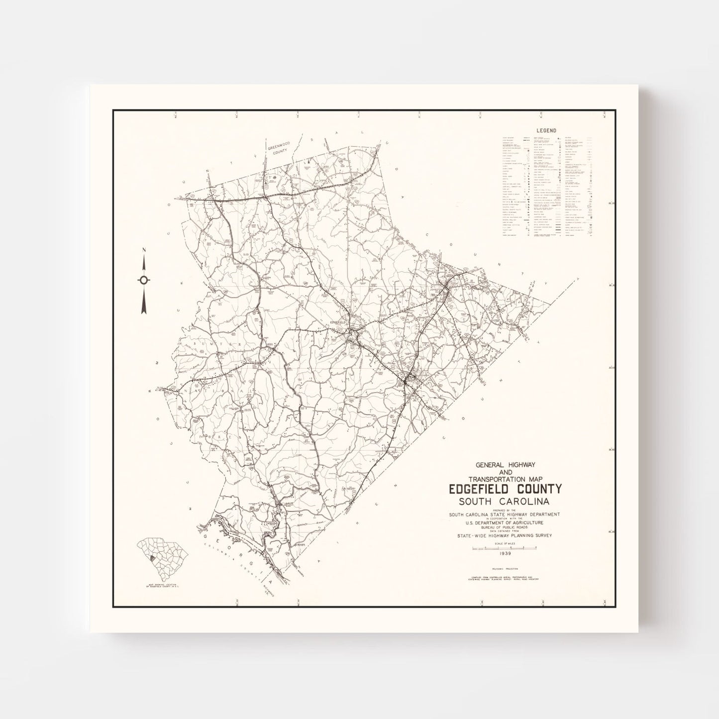 Vintage Map of Edgefield County, South Carolina 1939