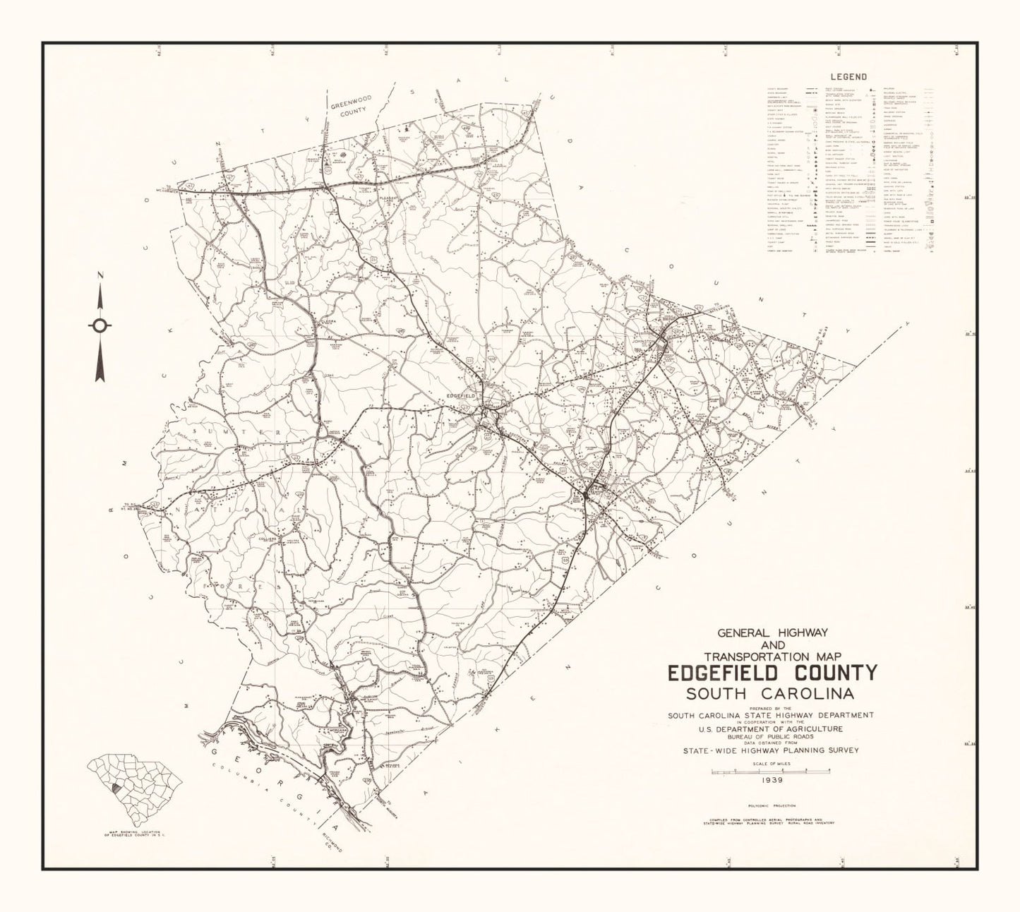 Vintage Map of Edgefield County, South Carolina 1939