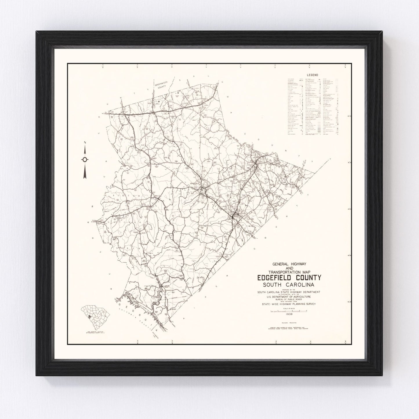 Vintage Map of Edgefield County, South Carolina 1939