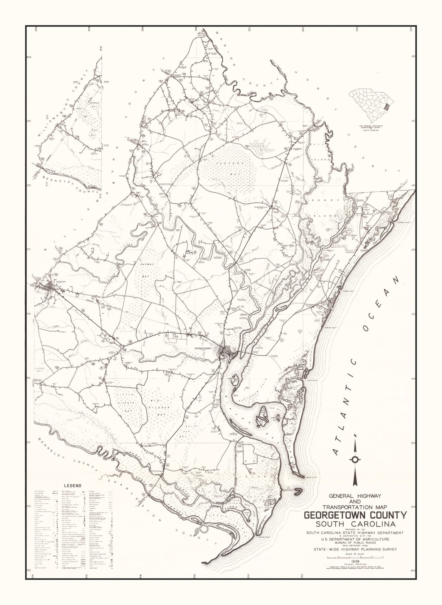 Vintage Map of Georgetown County, South Carolina 1939