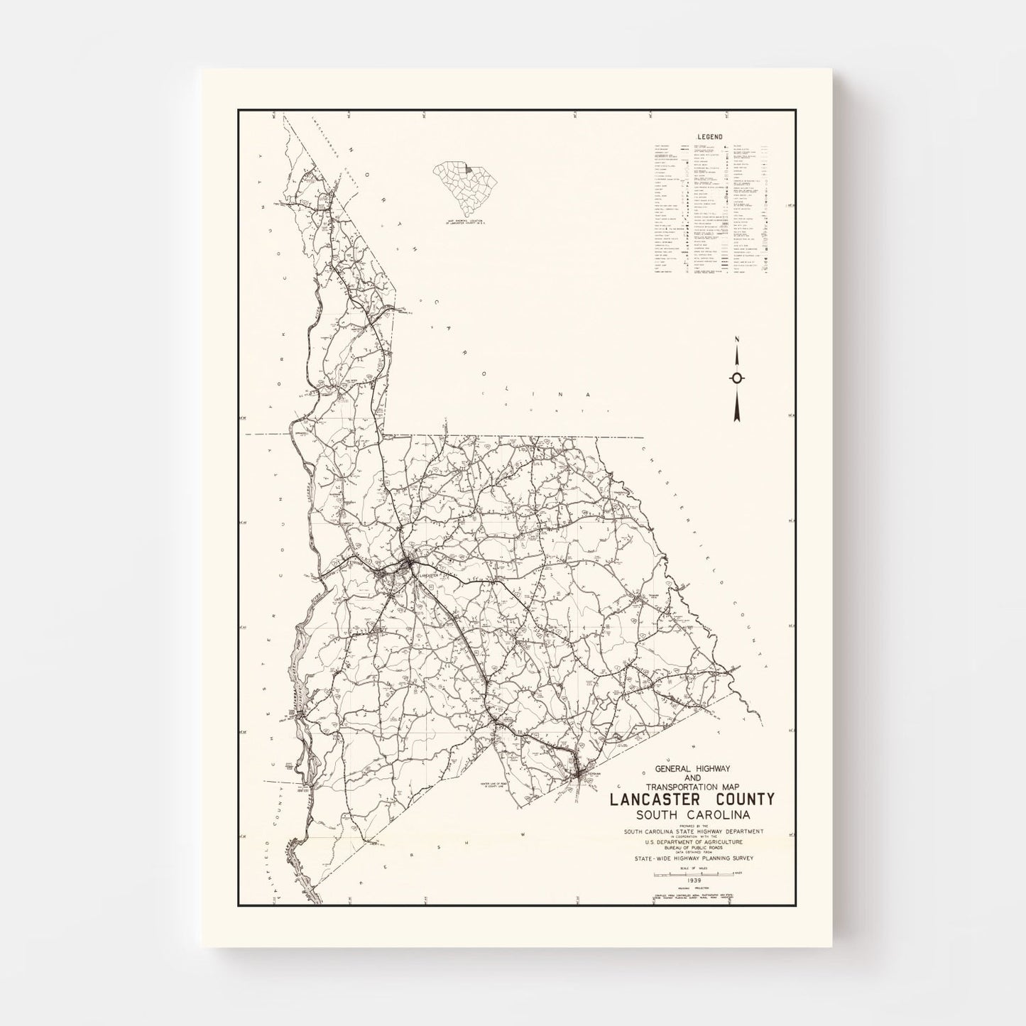 Vintage Map of Lancaster County, South Carolina 1939