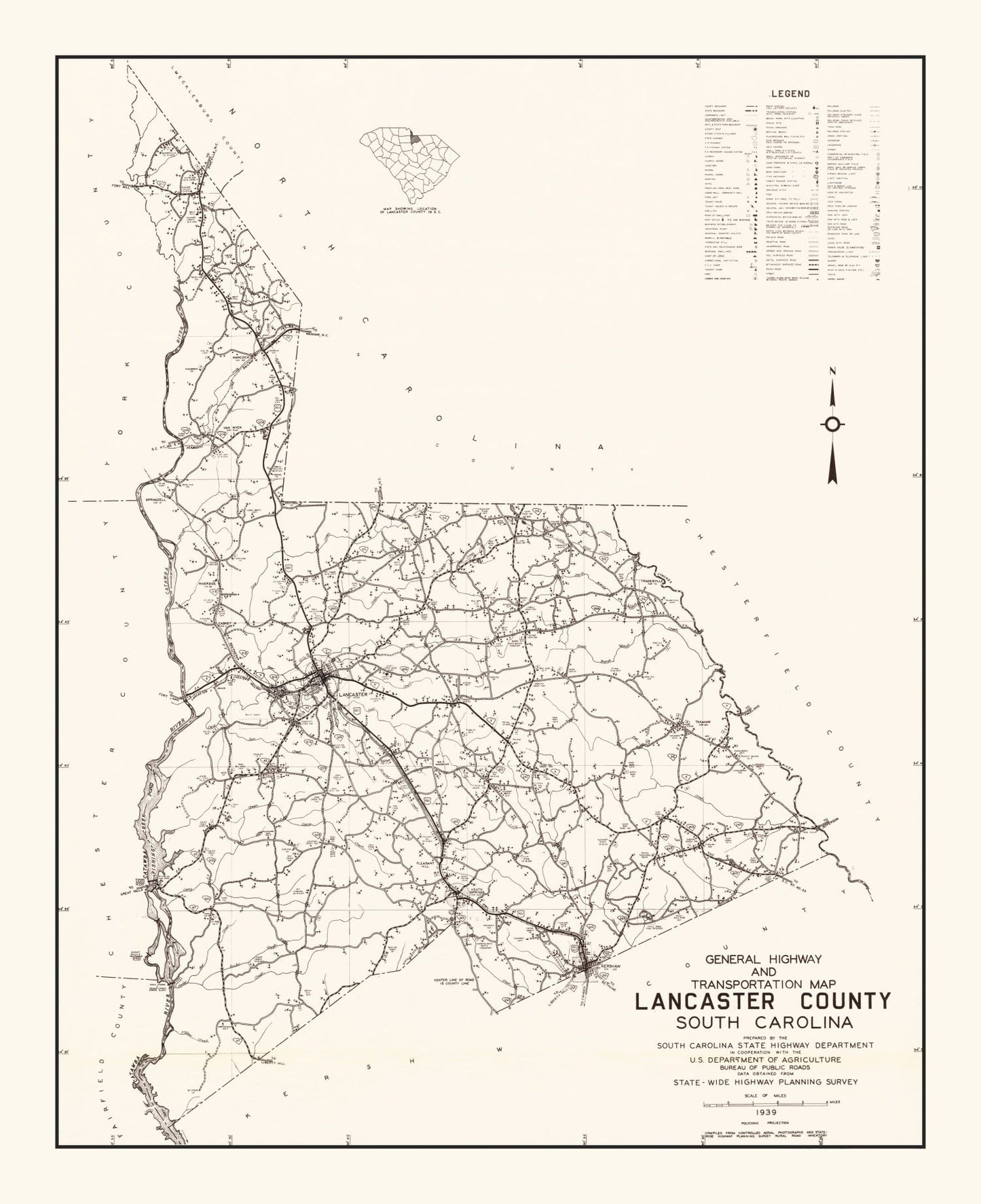 Vintage Map of Lancaster County, South Carolina 1939