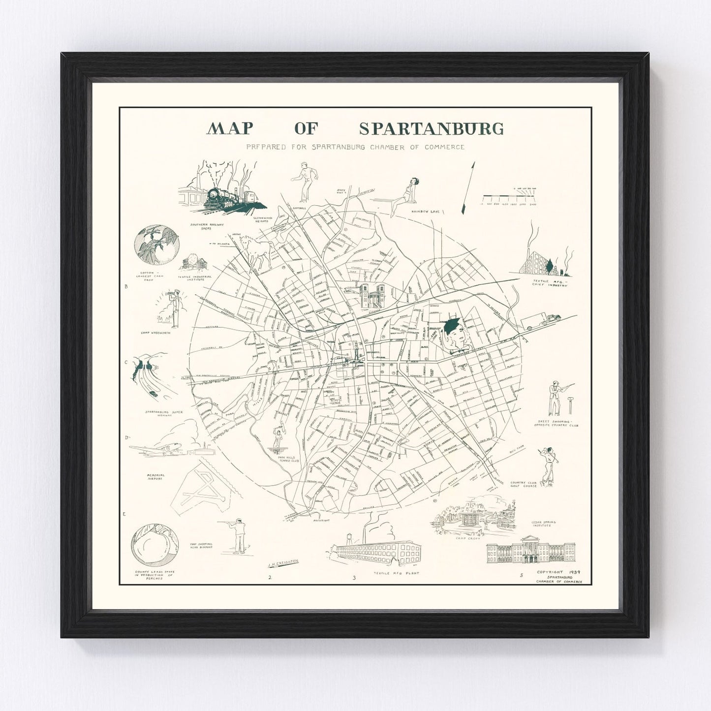 Vintage Map of Spartanburg, South Carolina 1939