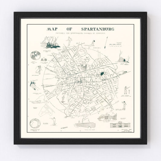 Vintage Map of Spartanburg, South Carolina 1939