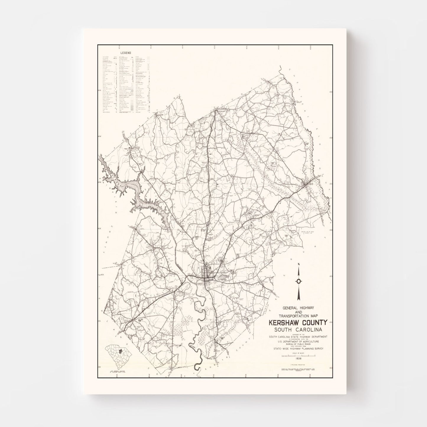 Vintage Map of Kershaw County, South Carolina 1938