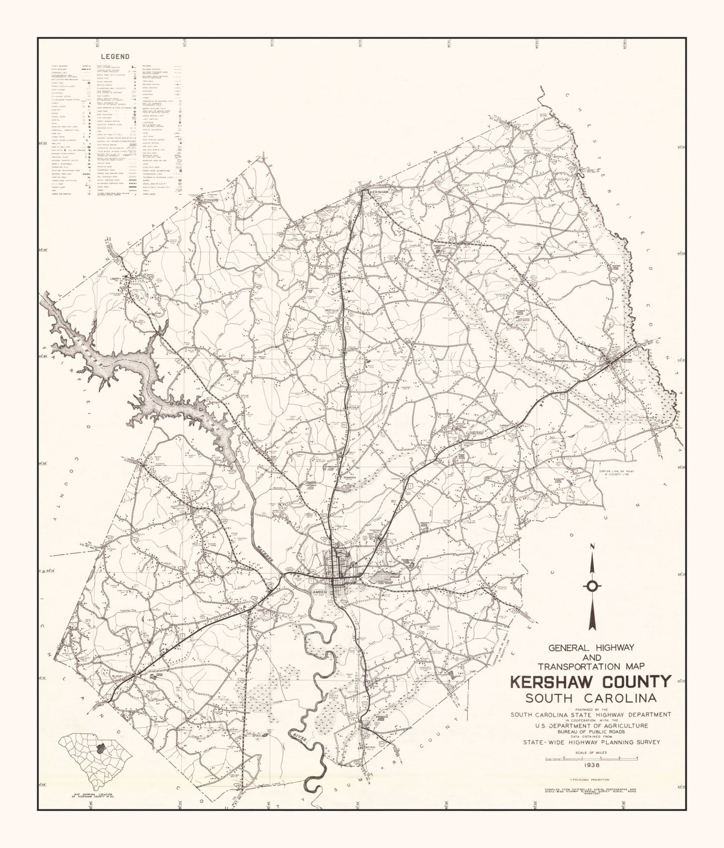 Vintage Map of Kershaw County, South Carolina 1938