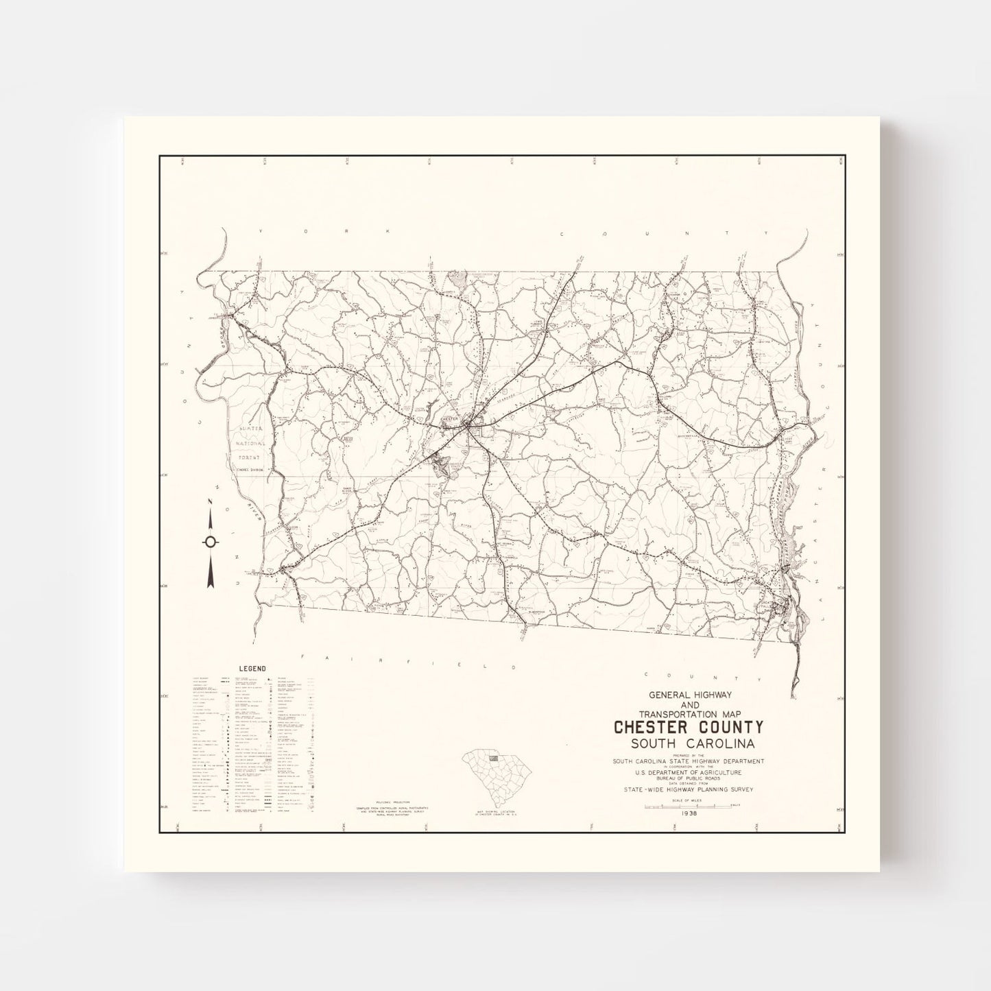 Vintage Map of Chester County, South Carolina 1938