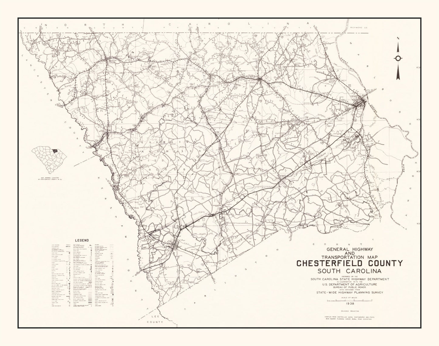 Vintage Map of Chesterfield County, South Carolina 1938