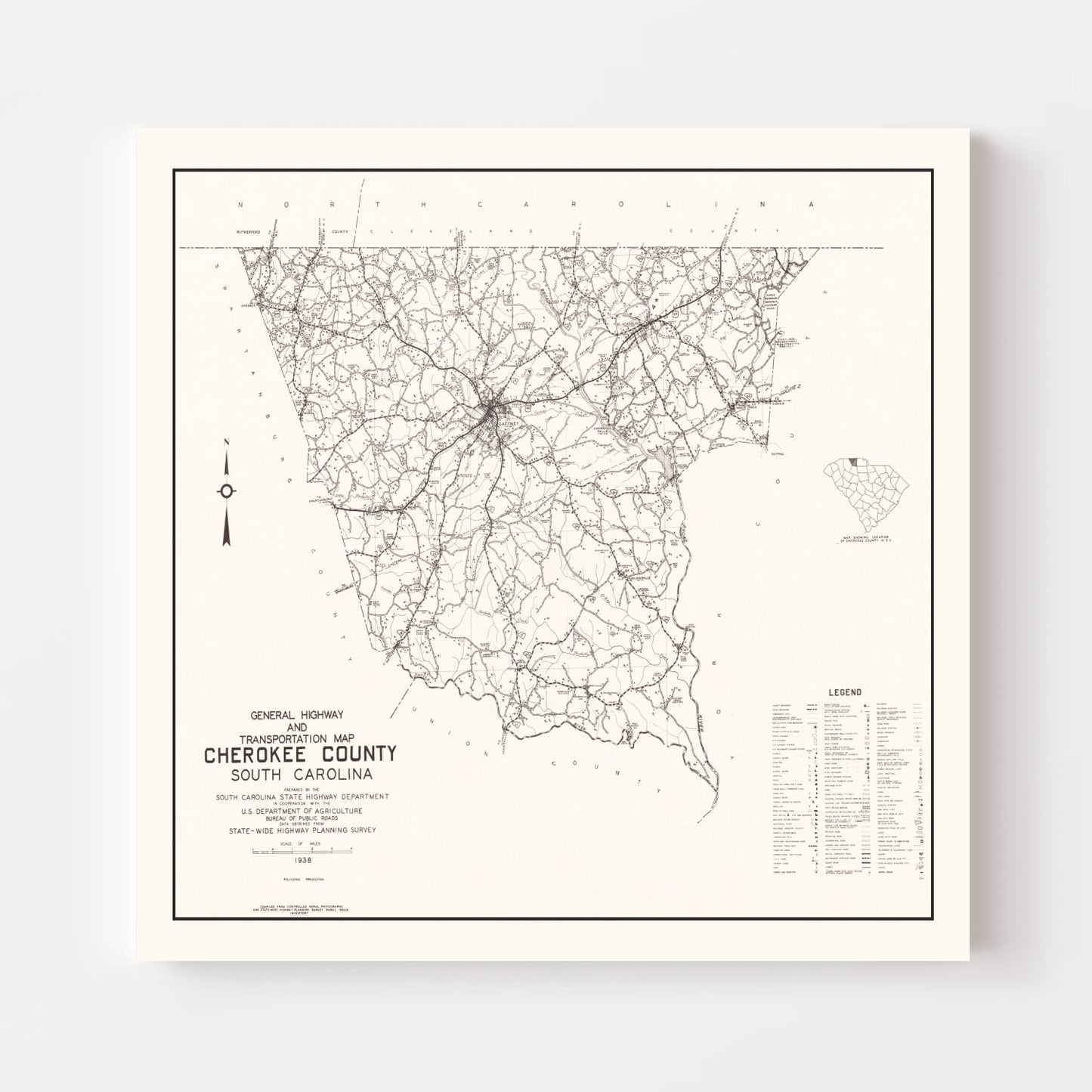 Vintage Map of Cherokee County, South Carolina 1938
