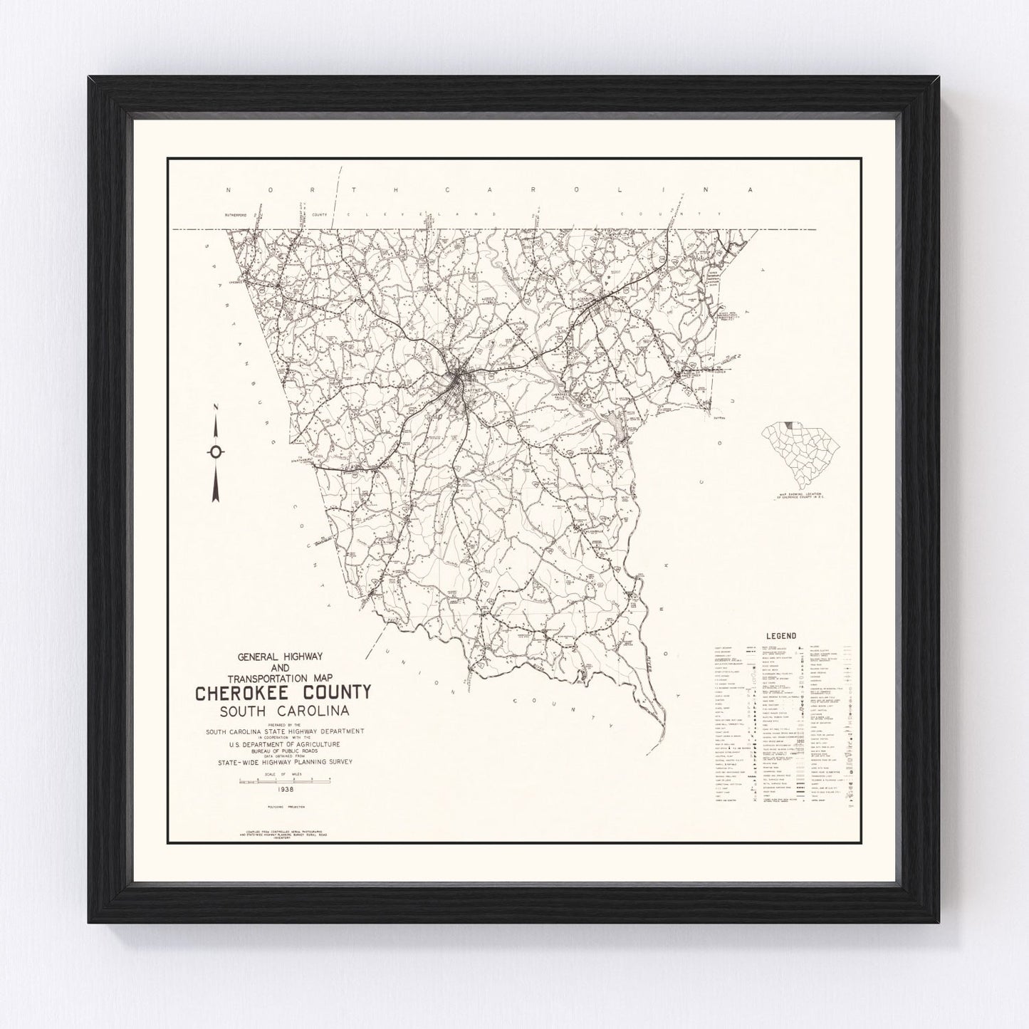 Vintage Map of Cherokee County, South Carolina 1938