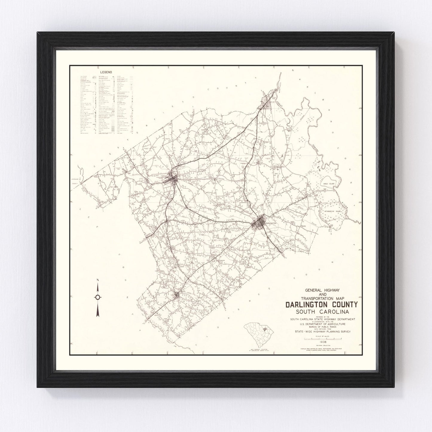 Vintage Map of Darlington County, South Carolina 1938