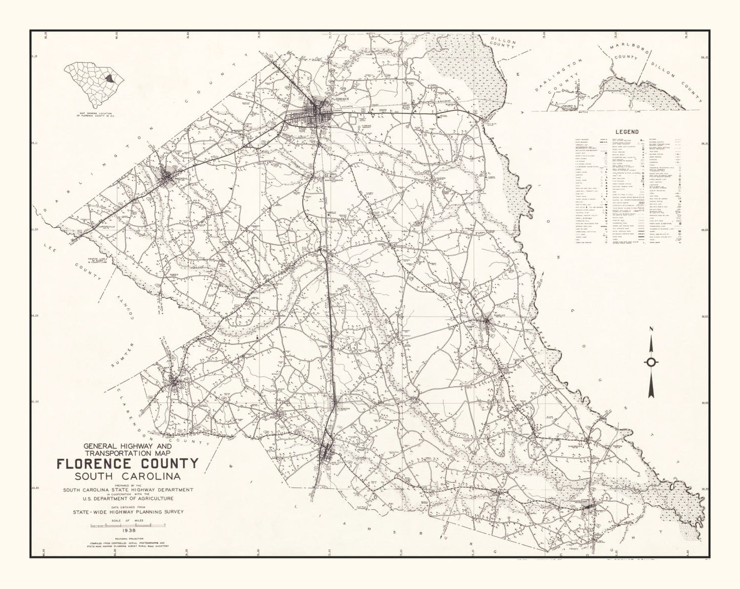 Vintage Map of Florence County, South Carolina 1938