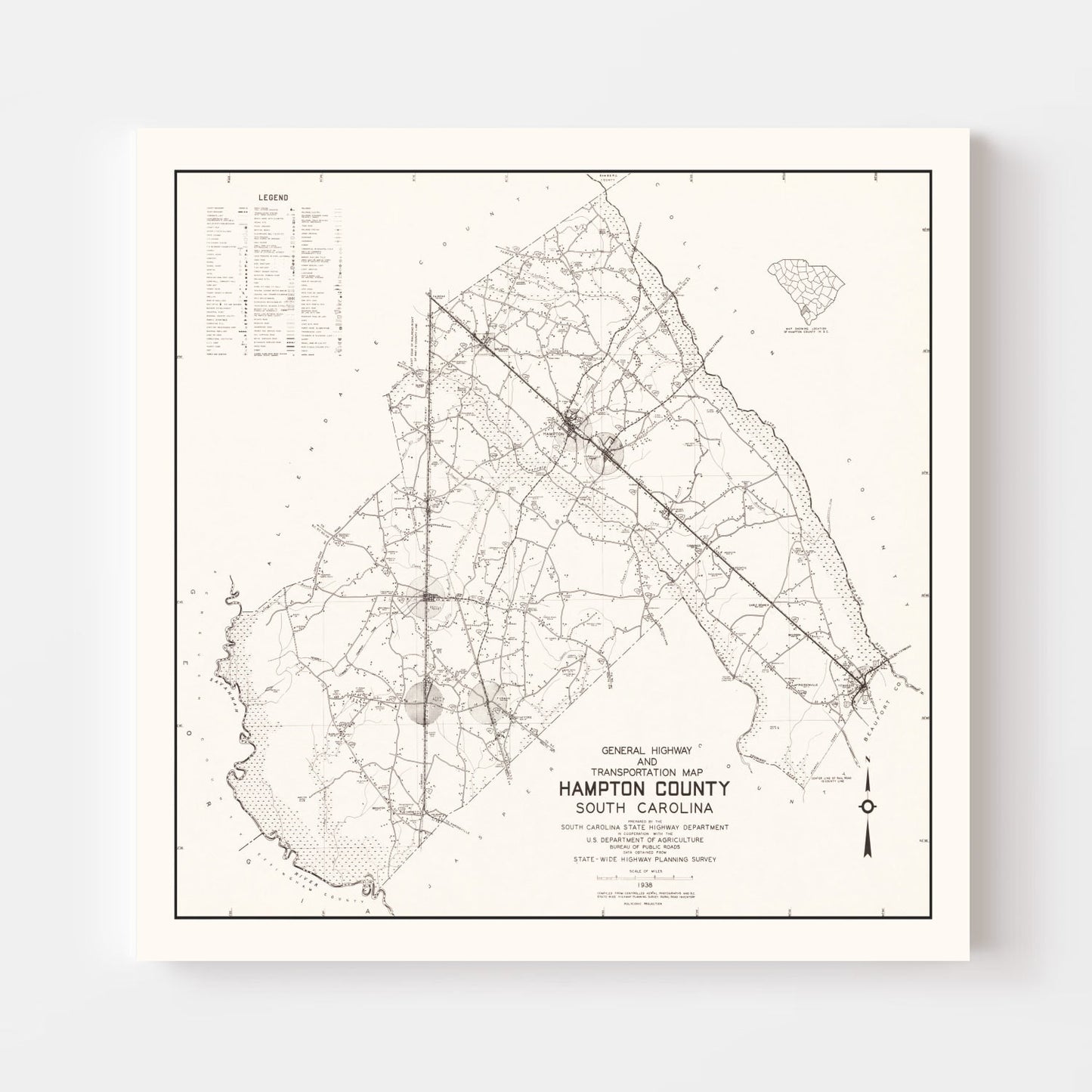 Vintage Map of Hampton County, South Carolina 1938