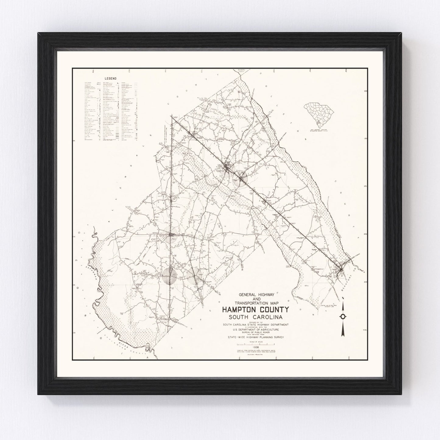 Vintage Map of Hampton County, South Carolina 1938