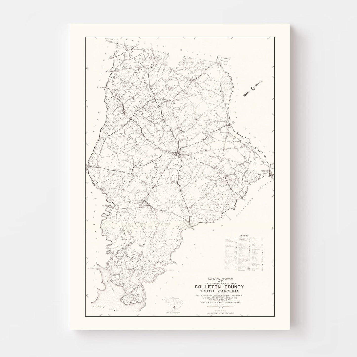 Vintage Map of Colleton County, South Carolina 1938