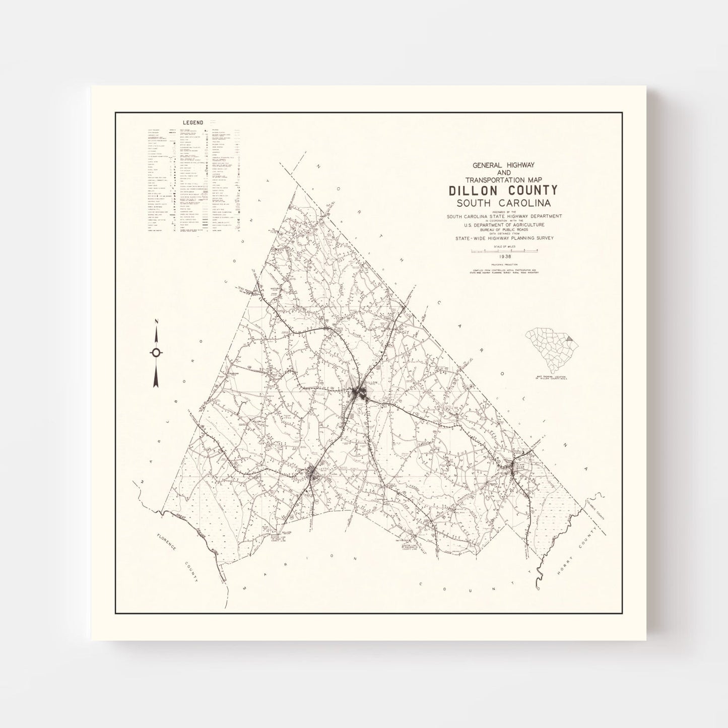 Vintage Map of Dillon County, South Carolina 1938