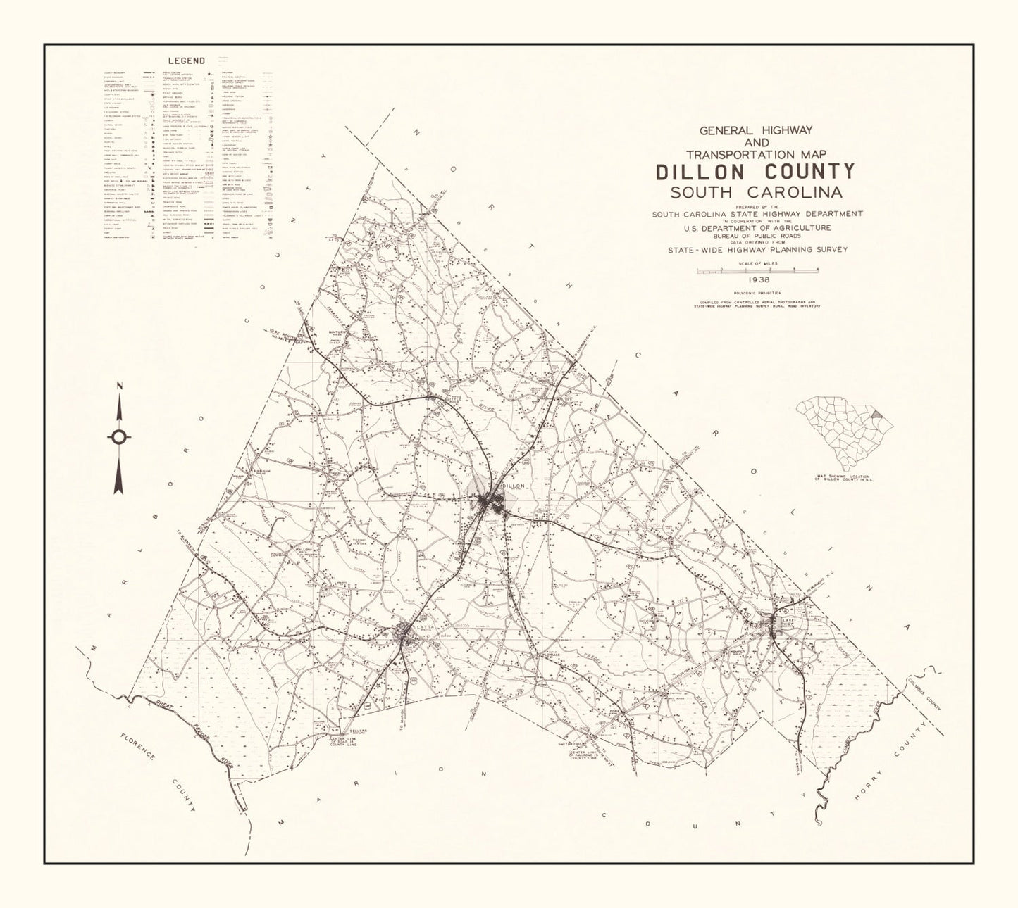 Vintage Map of Dillon County, South Carolina 1938