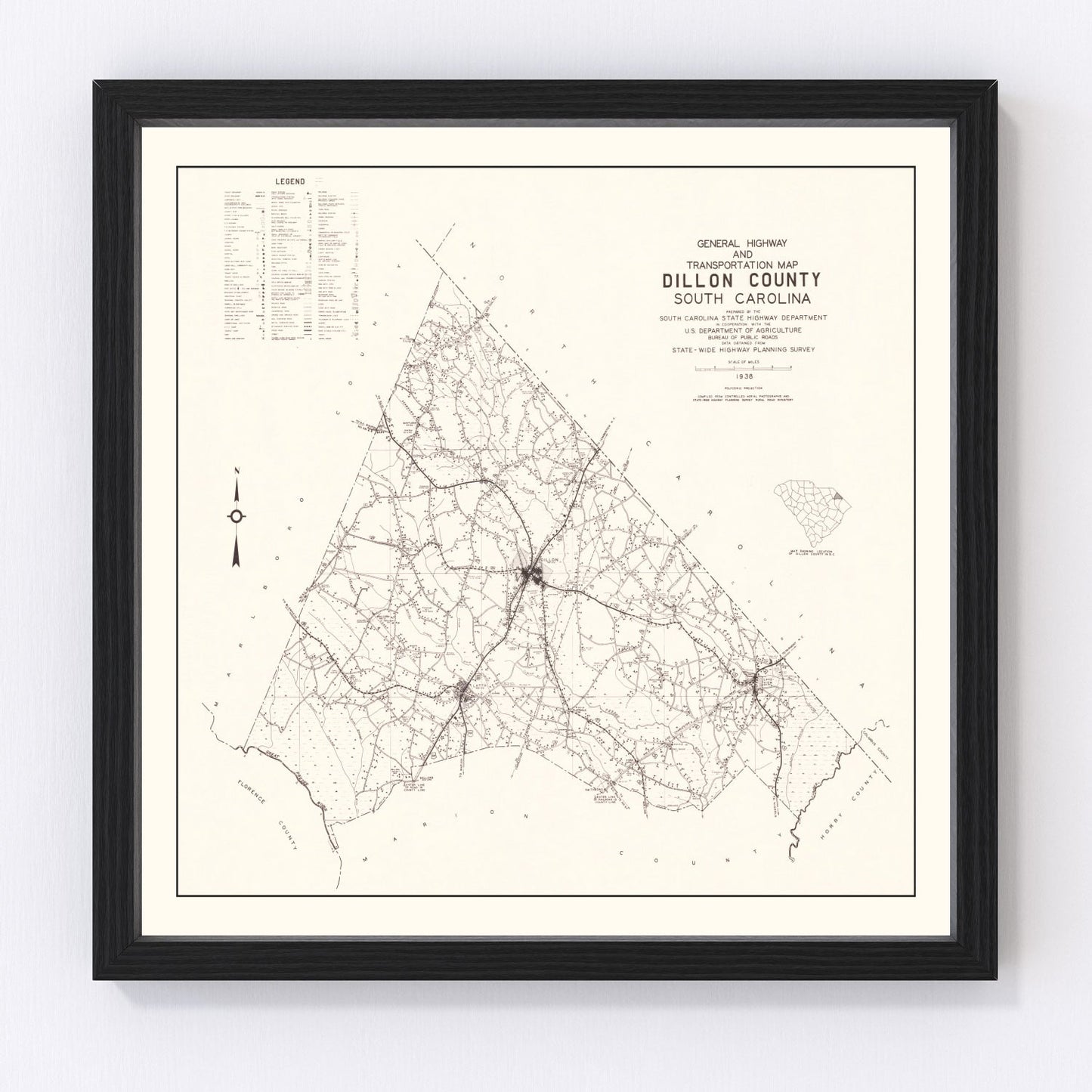 Vintage Map of Dillon County, South Carolina 1938