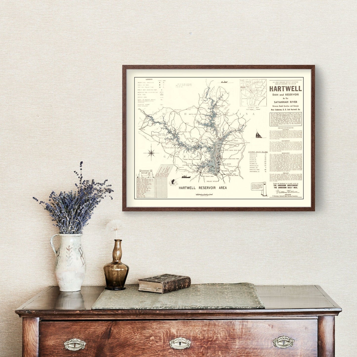 Vintage Hartwell Dam & Reservoir Map 1964