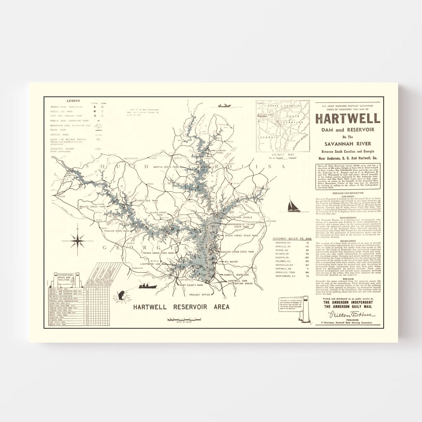 Vintage Hartwell Dam & Reservoir Map 1964