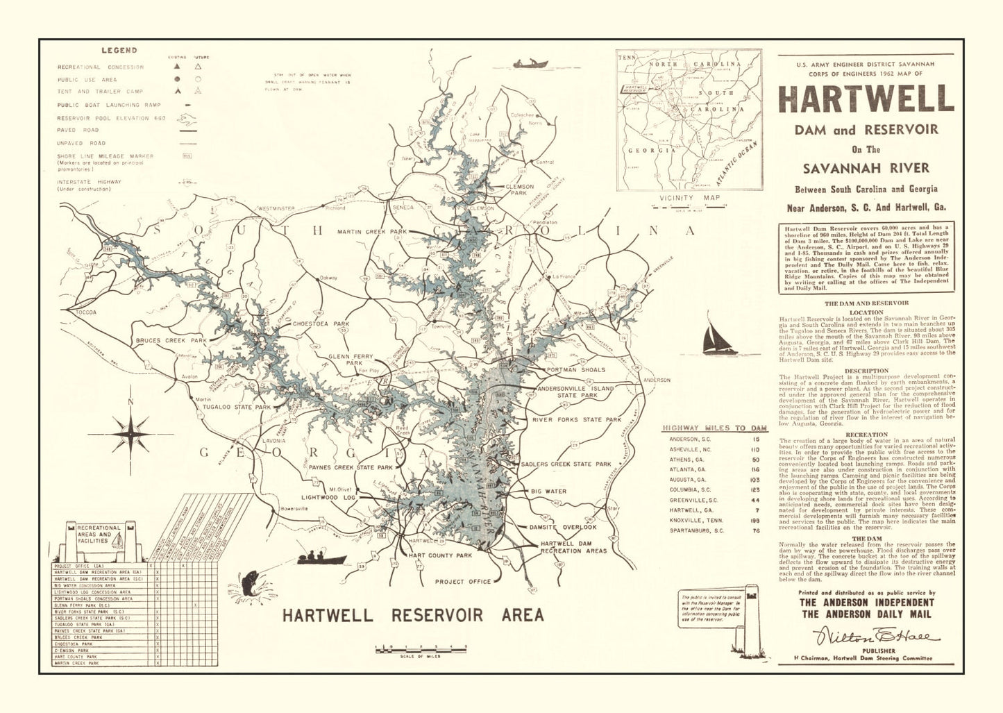 Vintage Hartwell Dam & Reservoir Map 1964