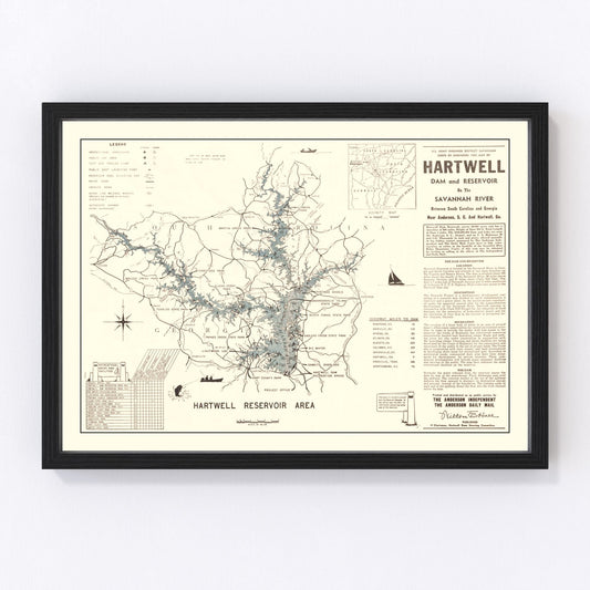 Vintage Hartwell Dam & Reservoir Map 1964