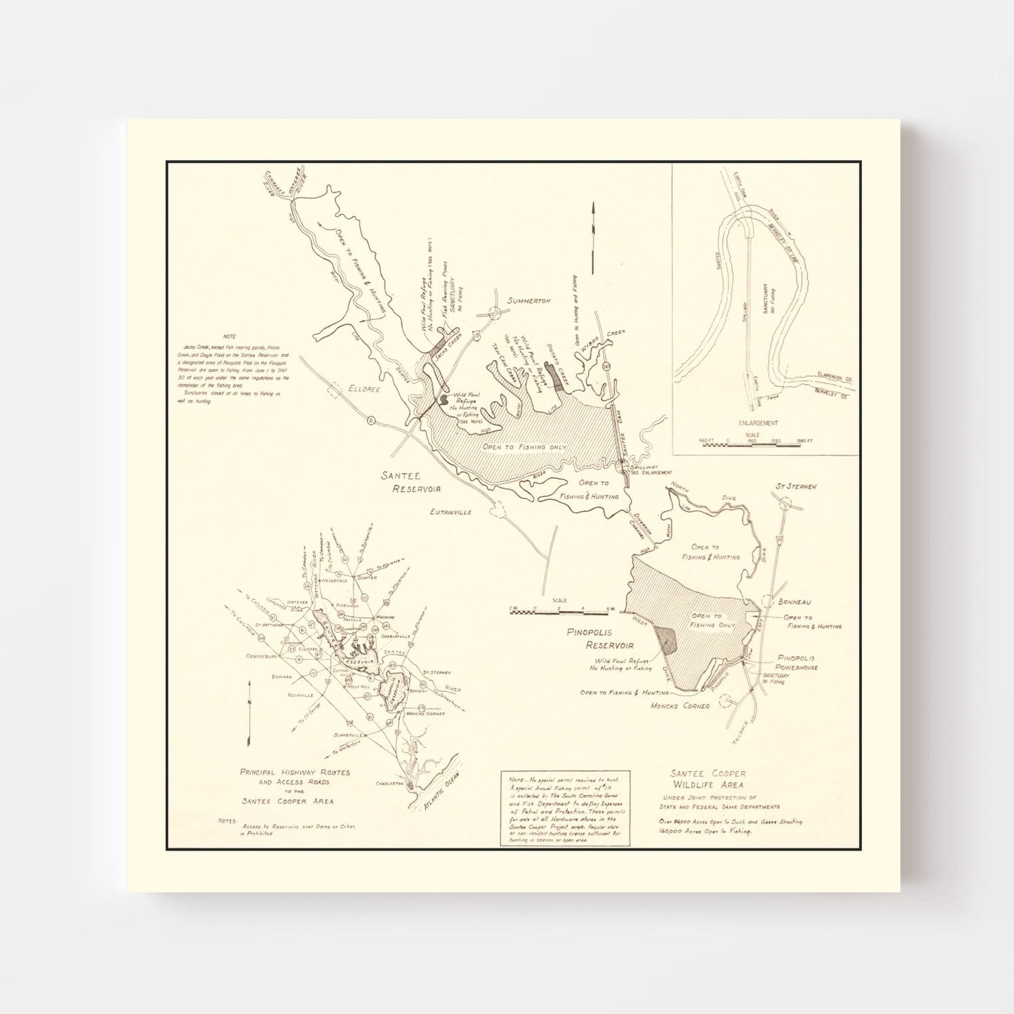 Vintage Santee Cooper Wildlife Area Map 1943