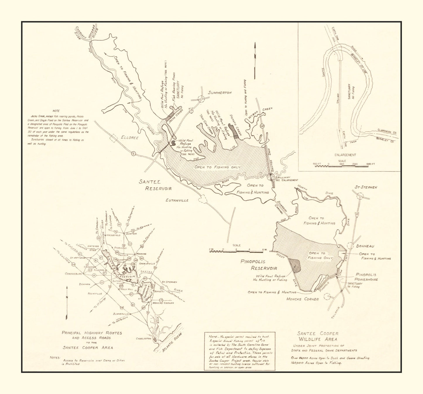 Vintage Santee Cooper Wildlife Area Map 1943