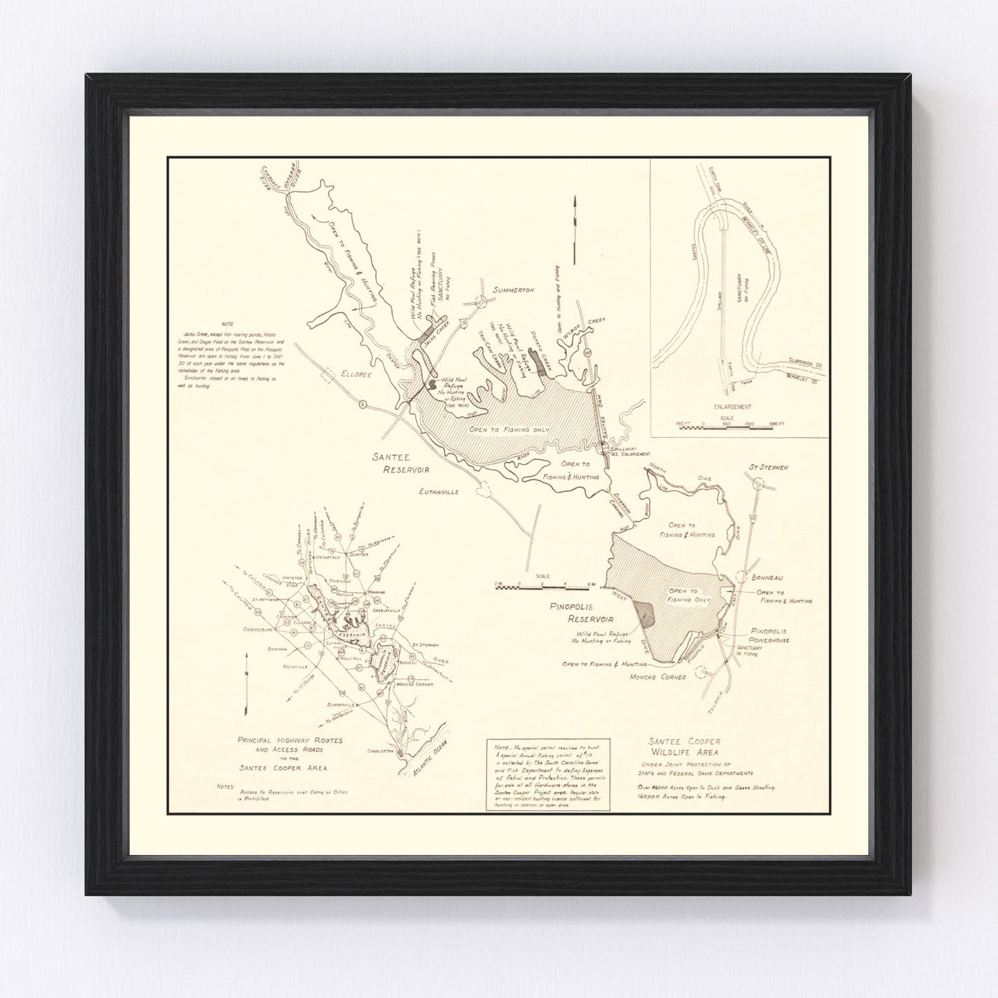 Vintage Santee Cooper Wildlife Area Map 1943