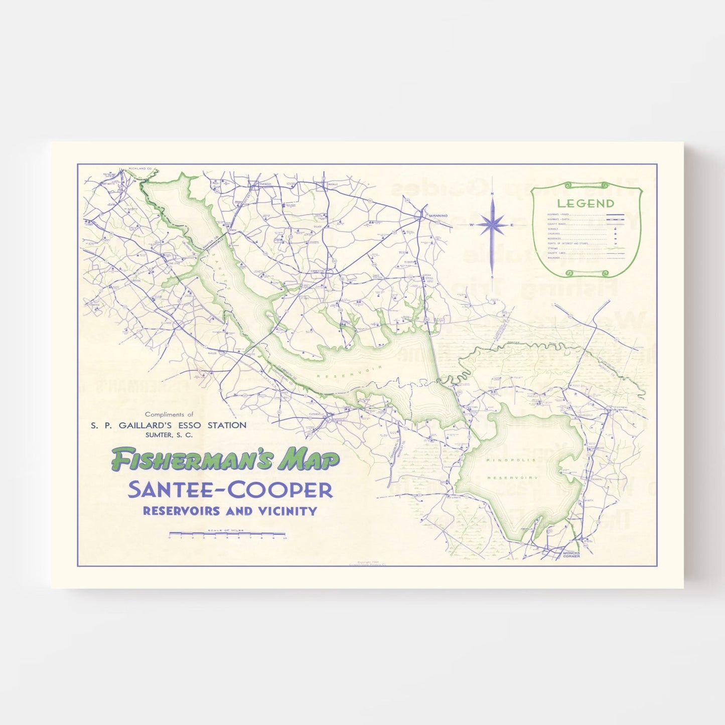 Vintage Fishermans Map of Santee Cooper Reservoir 1944