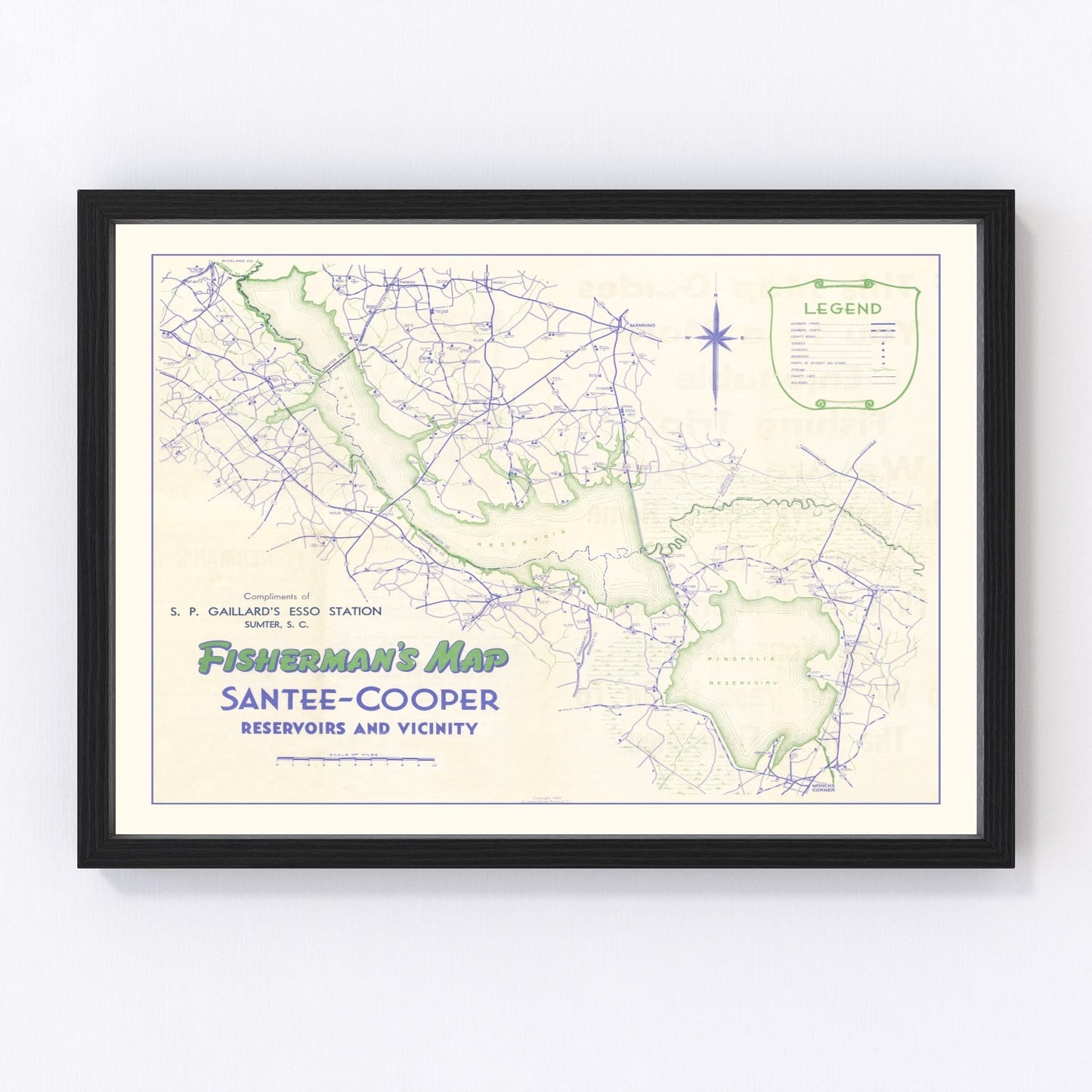 Vintage Fishermans Map of Santee Cooper Reservoir 1944