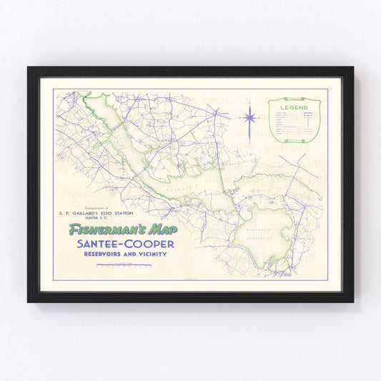 Vintage Fishermans Map of Santee Cooper Reservoir 1944