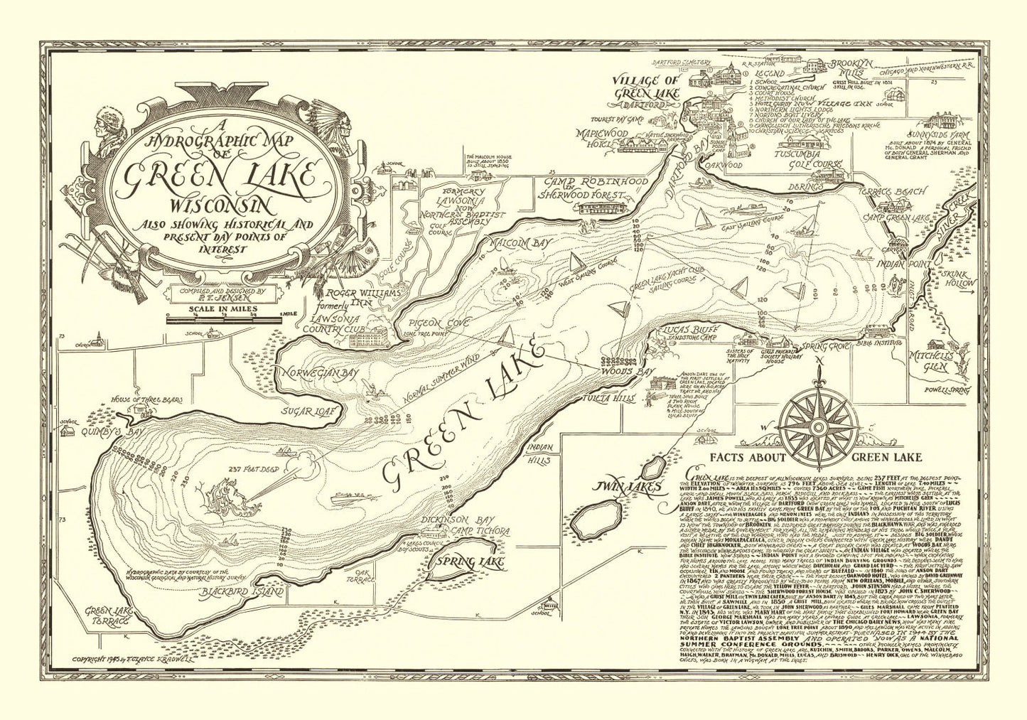 Vintage Green Lake, WI Map 1945