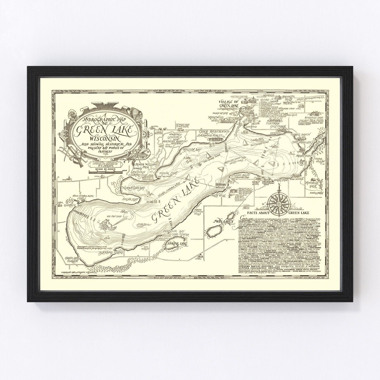 Vintage Green Lake, WI Map 1945
