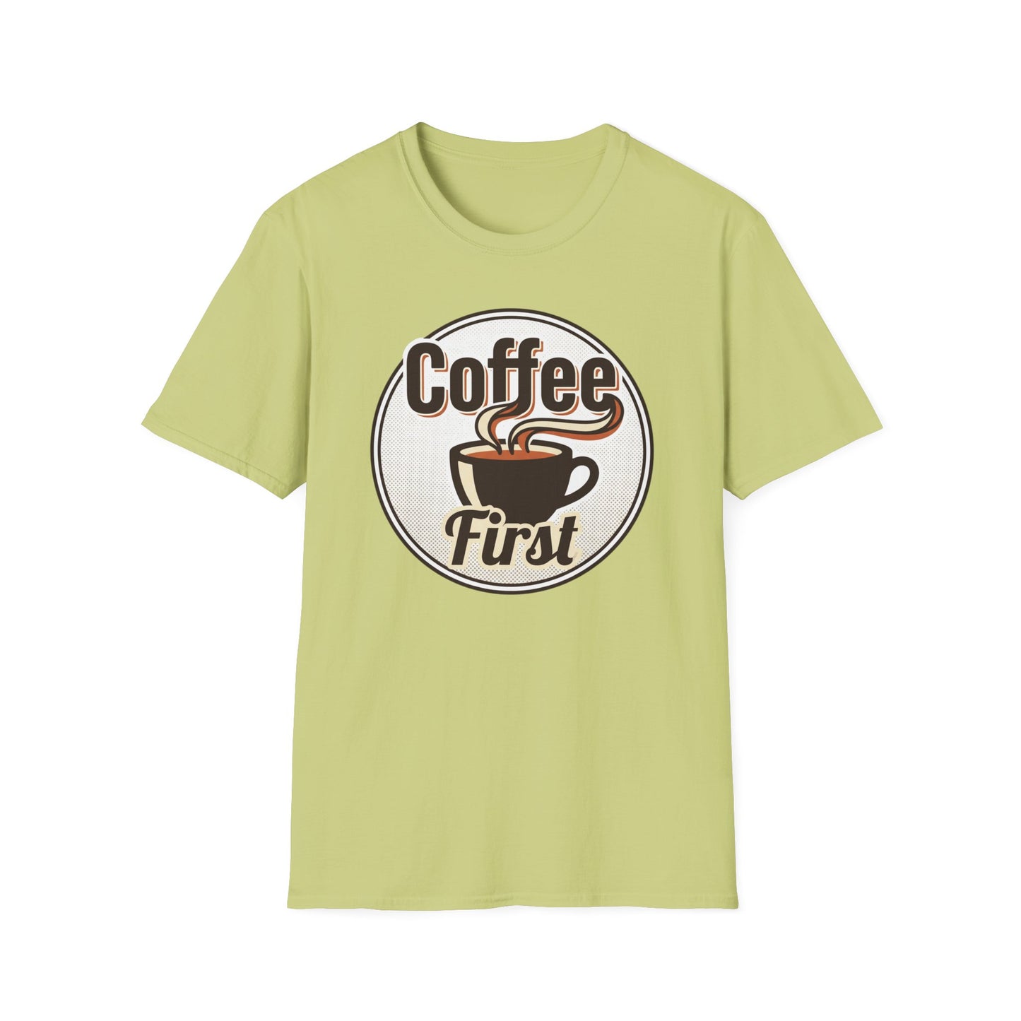 Coffee First T-Shirt — Retro Coffee Cup Graphic Tee for Coffee Lovers